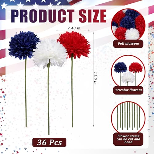 36 Pcs Artificial Chrysanthemums Flowers Patriotic Flowers Decor 4th of July Fake Silk Flowers Bouquet for Home Decor Indoor Memorial Day Table Centerpiece (Red, White, Blue) - color: Red, White, Blue