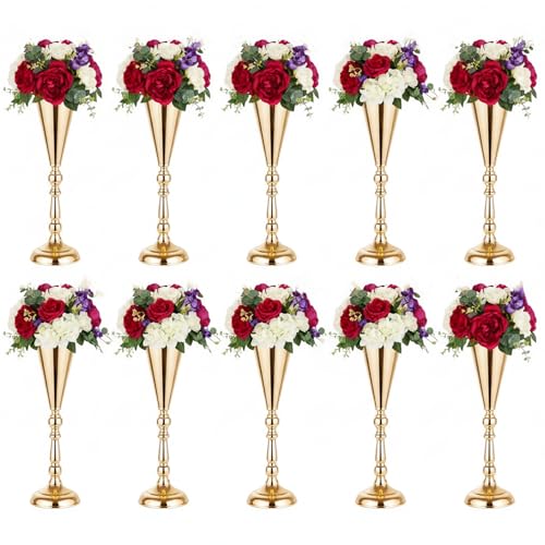 Set of 10 Tabletop Flower Vases for Centerpieces: 16.7in Metal Wedding Flower Vases, Elegant Gold Flower Stands for Christmas Anniversary Birthday Party Home Decoration Flower Arrangements - color: Gold, size: 10xL