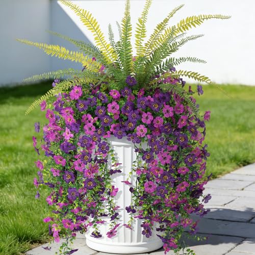 Artificial Fake Hanging Flowers Plants for Outdoor Spring Decoration,3 PCS Faux Silk Daisy with Boston Ferns,UV Resistant Look Real for Outside Home Indoor Planter Porch Patio Balcony Yard Decor - color: Dark Purple Light Purple