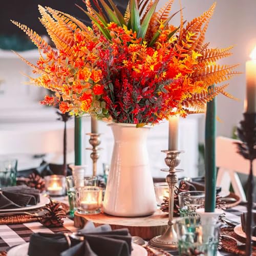 Pack of 9 Artificial Autumn Flowers, Artificial Flowers, Autumn Decoration, Autumn Plants, Shrubs, Plastic Flowers, Autumn Plant Flowers for Indoor, Outdoor, Table, Balcony Box, Flower Box