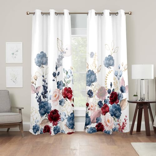Renaiss Floral Blackout Curtains Watercolor Gray Blue and Red Peony Flower Bloossom Thermal Insulated Window Drapes for Bedroom 42W x 63L inches 2 Panel Set Window Curtains for Living Room - color: Bold Red, size: 42"W x 63"L (Pack of 2)
