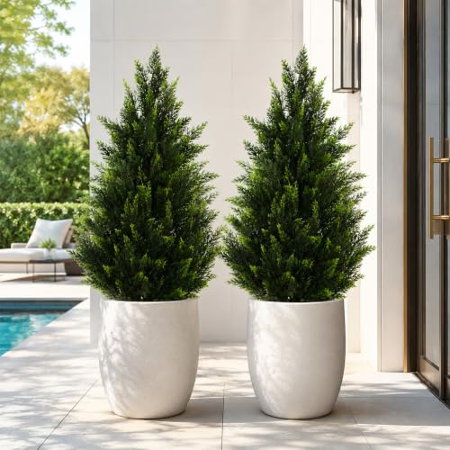 Artificial Topiary Cedar Trees 3FT Tall 2 Set, Outdoor Indoor Faux Pine Shrubs Plants, Realistic Fake Plants Front Porch Decor, Artificial Bushes Cypress for Home Front Door Offices - color: 2*pine Tree 3ft