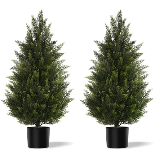 Vitalismo Artificial Topiary Cedar Trees 3FT Tall 2 Set, Outdoor Indoor Faux Pine Shrubs Plants, Realistic Fake Plants Front Porch Decor, Artificial Bushes Cypress for Home Front Door Offices - color: Cedar, size: 3ft