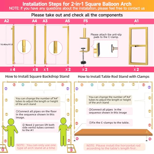Square Backdrop Stand, Wedding Arch Heavy Duty Adjustable Stand, Over The Table Rod Stand with Clamps, Metal Gold Garden Balloon Frame for Baby Shower Party Decoration - size: 2-IN-1 6.5 FT