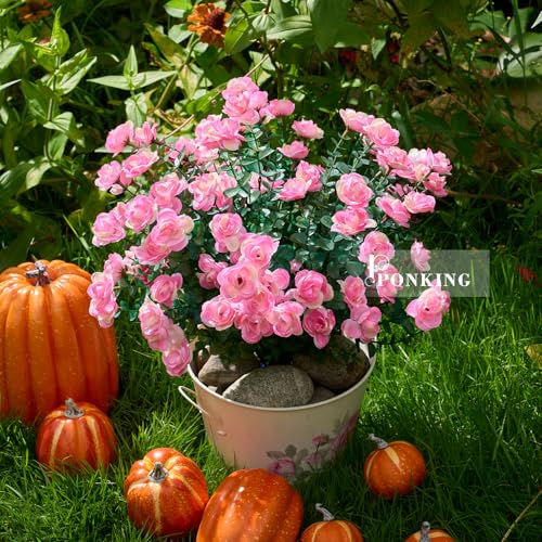 PONKING Artificial Flowers for Outdoors Patio Decoration 6 Bundles Fake Flower Rose UV Resistant Faux Plants Yard Garden Porch Home Boxwood Planter Patio Mothers Day Decor, Pink Flower - color: D Pink Rose 6pcs