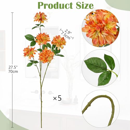 5 Pcs 27" Artificial Silk Flowers for Vase, Realistic Faux Floral Arrangement with Long Stems, Fake Rosa Banksiae Flower DIY for Wedding Centerpiece, Home Party Indoor Vase Decor - Orange - color: Orange Yellow