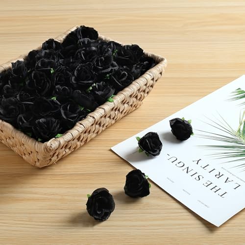 SITUMEIZI 100 Pcs 1.3 inches Mini Black Rose Head Small Black Flowers Artificial Fake Flower for Home Halloween Party Decor - color: Black
