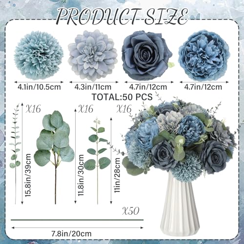 Suncalla 98 Pcs Artificial Flowers Bouquet Assorted Faux Flowers Heads with Stem Eucalyptus Leaves Silk Floral Table Centerpiece for DIY Wedding Party Wreath Home Decor(Dusty Blue) - color: Dusty Blue