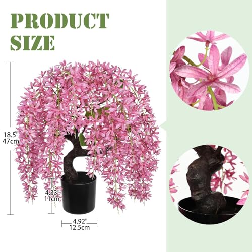 Artificial Flowers 18.5" Tall with Silk Wisteria Pink Flower Arrangement and Realistic Wood Fake Bonsai Tree Plants Faux Plants for Spring Home Bedroom Office Bathroom Coffee Table Centerpiece Decor - color: Pink-18.5