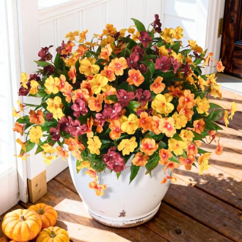 Hommyea Artificial Fake Flowers for Outdoor, 6 Bundles UV Resistant Faux Plants Decoration Silk Flowers No Fade Plastic Flowers for Outside Planters Home Porch Patio Yard Garden Decor(Purple) - color: Red,orange,reddish Brown