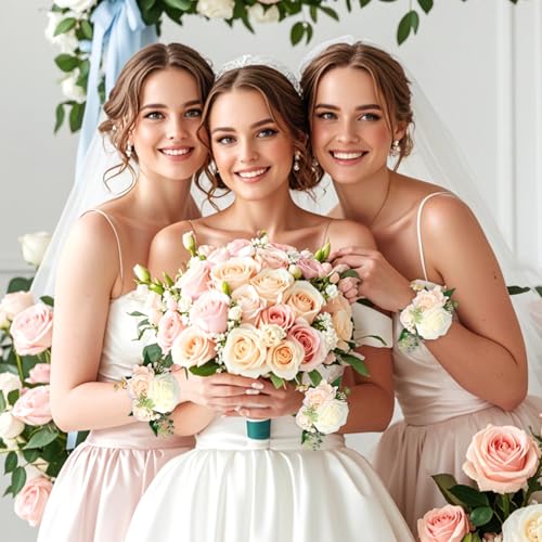 2 Pcs Wrist Corsage for Wedding Light Champagne Wrist Flower Bridal Wristband Flowers Corsages for Women Girls Mother of Bride Prom Anniversary Party Decorations