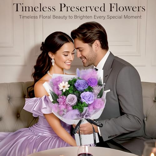 MAMAMIKO Preserved Flowers Bouquet - Forever Flowers for Delivery, Real Eternal Roses Bouquet, for Mom Grandma Wife, Anniversary Birthday Gifts for Women - color: Light Purple
