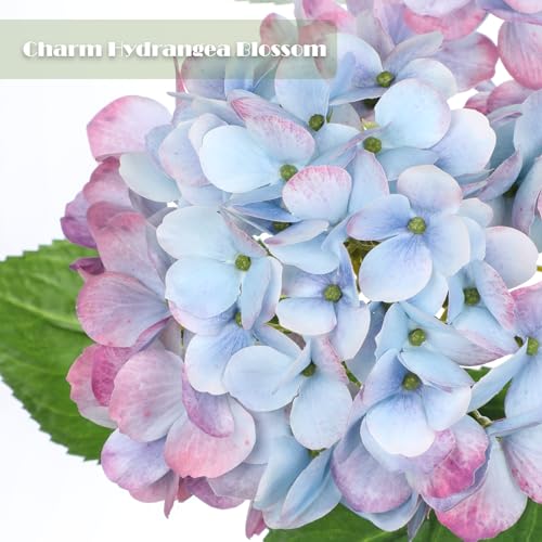 3Pcs Baby Blue Hydrangea Artificial Flowers 19.7 in Real Touch Faux Hydrangea Stems Silk Flowers with Stems Fake Blue Flowers Bouquet for Floral Arrangements Table Centerpieces Wedding Home Decor - color: Blue Mixed Pink