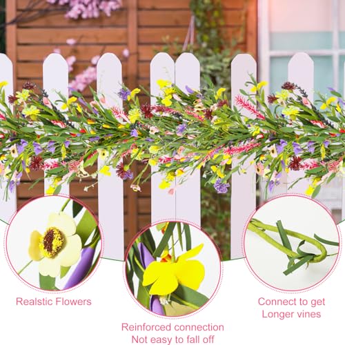 Hotop 6 ft Artificial Wildflower Garland, Wisteria Flowers Daisy and Lavender Faux Floral Vine Summer Spring Floral Fake Garland for Home Wedding Mantle Table Centerpiece Indoor Outdoor Decor(2 Pcs)