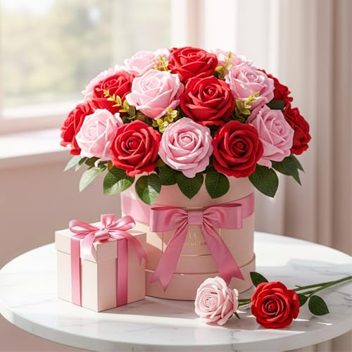 Auihiay 14PCS Red and Pink Artificial Roses, Lifelike Silk Fake Roses Bouquet with Long Stem for Father's Day, DIY Bouquets, Wedding Table Centerpieces & Party Home Decor - color: Red & Pink