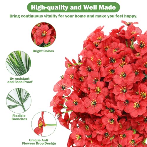 Nepfaivy Artificial Flowers for Outdoors Red - 24 Bundles UV-Resistant Fake Flowers No Fade for Outside, Realistic Plastic Plants and Faux Silk Flowers for Planters, Front Porch, Garden Decoration - color: Red