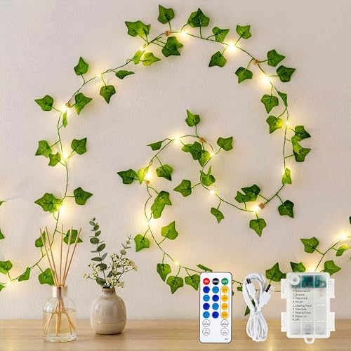 HEYFUNi Ivy Vines with Lights with Remote, 13 Ft 40LED Artificial Green Leaf String Lights USB/Battery Operated, Fake Vines for Bedroom Wall Aesthetic, Dorm, Room Decor, Warm White - color: IVY- Remote, size: 40 LED-USB & Battery