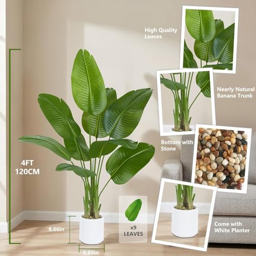 Pack 2 Artificial Bird of Paradise Plant 4FT Fake Palm Tree Feaux Plants in White Pot Artificial Tree Fake Plant for Indoor Outdoor Modern Decoration for Home Living Room Office - color: 2 Pack, size: 4FT