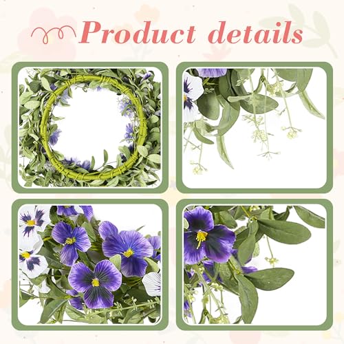 YNYLCHMX 20" Spring Summer Wreaths for Front Door, Artificial Floral Wreath with Purple Pansy Flowers Green Eucalyptus Leaves, Green Foliage Wreath for Wall Window Farmhouse Party Holiday Home Decor - color: Purple Pansy Flowers