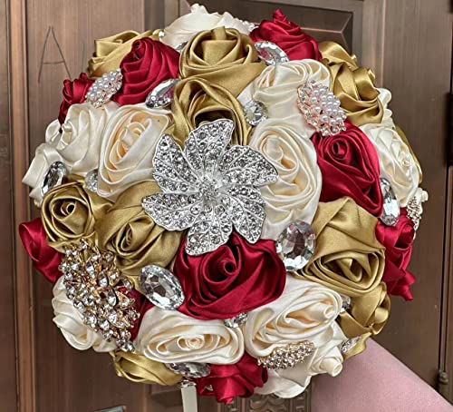 Sharebeauty 7.1" Handmade Satin Rose Bridal Bouquet Toss Round Wedding Bouquet Throw Toss Artificial Flower Bunch Dark Red + Pale Gold + Cream - color: Dark Red/Pale Gold/Cream, size: 7.1"/18cm