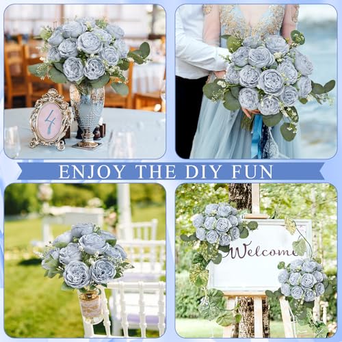 Peonies Artificial Flowers Bulk, 12 Bundles Fake Silk Peonies Faux Eucalyptus Bouquet Realistic Peony Floral Arrangement for Wedding Table Centerpiece Vase Decor (Dusty Blue) - color: Dusty Blue