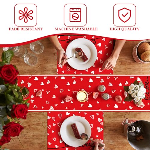 VitalCozy 7 Pcs Valentines Day Table Runner and Placemat Set 72 x 13 Inch Red Love Hearts Runner Anniversary Valentines Table Mat for Holiday Kitchen Dining Wedding Decoration - style: Valentine's Day
