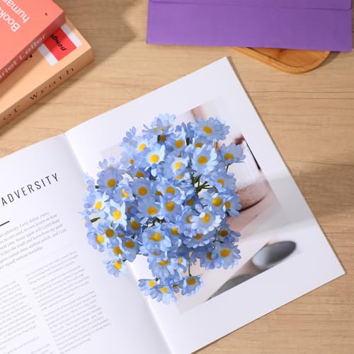 12 Stems Artificial Daisy Flowers 10'' Small Blue Silk Fake Daisies Faux Silk Daisy Flowers with Stems for Home Garden Wedding Party Table Centerpiece Decor(2 Bouquets)