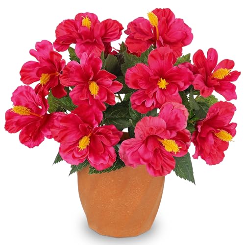 Briful Artificial Hibiscus Flowers in Pot, 14.1" Faux Tropical Flower Plant for Outdoor Porch, Potted Hot Pink Hibiscus Tabletop Decor for Living Room, Dining Table, Office, Indoor Home Décor - color: 14'' Hot Pink
