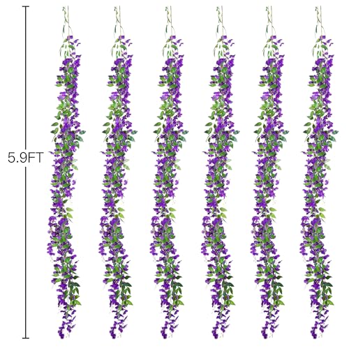 Sggvecsy 6Pcs Wisteria Garland Artificial Flowers Garland Fake Hanging Wisteria Vines Rattan Silk Hanging Flower Vines for Home Garden Outdoor Wedding Arch Party Ceremony Total 35.4Ft (Purple) - color: Purple