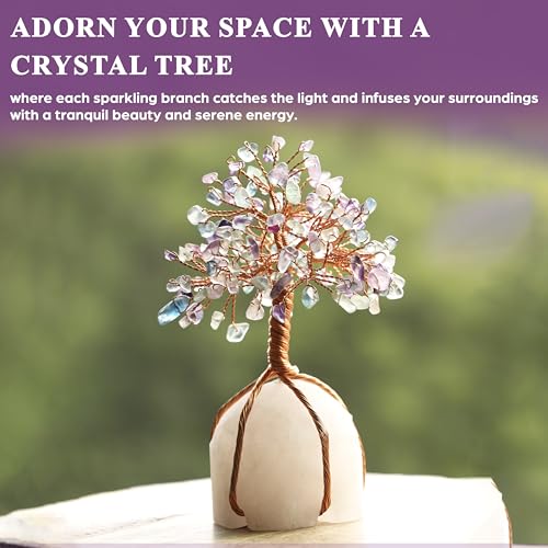 Crocon Fluorite Crystal Tree of Life - Natural Quartz Stone Base, Gemstone for Positive Energy, Feng Shui Decor - Chakra, Copper Wire Money Bonsai, Healing Stones, Luck Gem - Spiritual Gift - color: Ag Fluorite Quartz Base