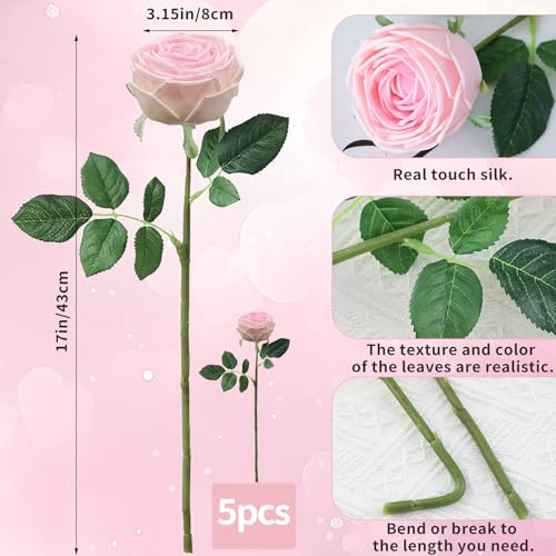5Pcs Pink Real Touch Silk Flowers - Lifelike Roses Peony | Lifelike Pink roses & peonies with soft latex touch, no watering needed. Perfect for wedding bouquets, home decor & DIY - color: Pink