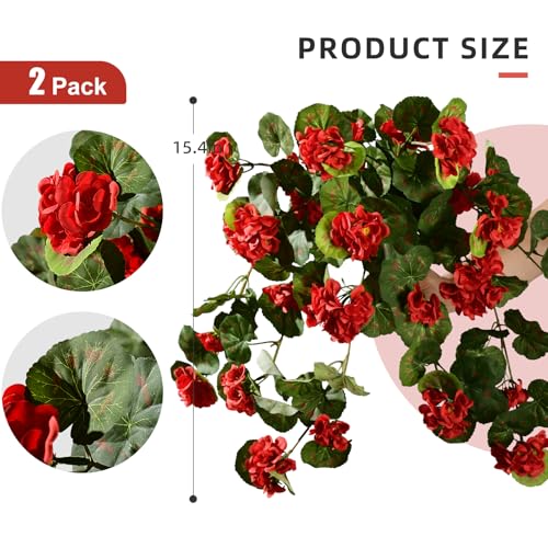 Artificial Geranium Flowers for Outdoor 2 Pcs Artificial Red Flower Fake Flowers with Stems Silk Realistic Look Real Floral Arrangement for Front Door Porch Planter Patio Balcony (2 Pcs Red) - color: 2 Pcs Red