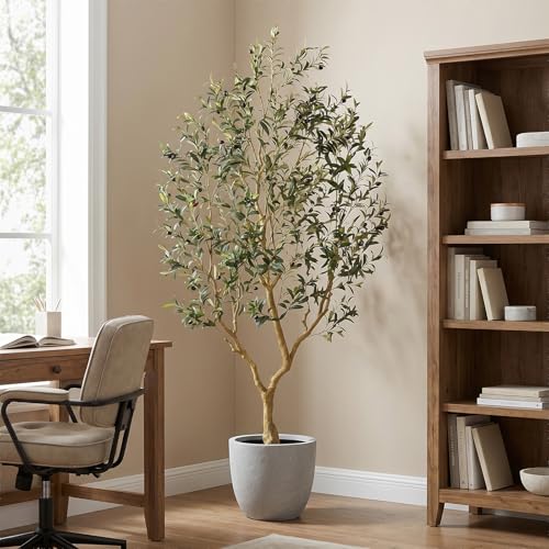 Olive Trees Artificial Indoor, 7FT Faux Olive Tree with Lifelike Branches and Realistic Olives, Large Fake Tree for Home House Office Living Room Decor - size: 7ft