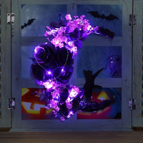Halloween Wreaths for Front Door, Flower Moon Cat Halloween Home Decoration, Family Gathering Decoration Wreath，Outdoor, Wall, Closet, Fence, Wreath Christmas (Moon Cat - Purple) - color: Moon Cat - Purple