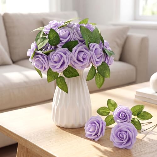 50 Pcs Artificial Foam Rose Flower Faux Bouquet Wedding Fake Rose Gift for Mother's Day Women DIY Bridal Shower Party Table Birthday Home Spring Decor (Lavender) - color: Lavender