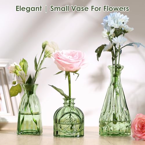 Vintage Small Glass Vases Set of 10,Mini Bud Vases for Flowers,Amber Glass Vases for Centerpieces,Wedding Decorations,Home Table Flower Decor (Hunt Green) - color: Hunt Green