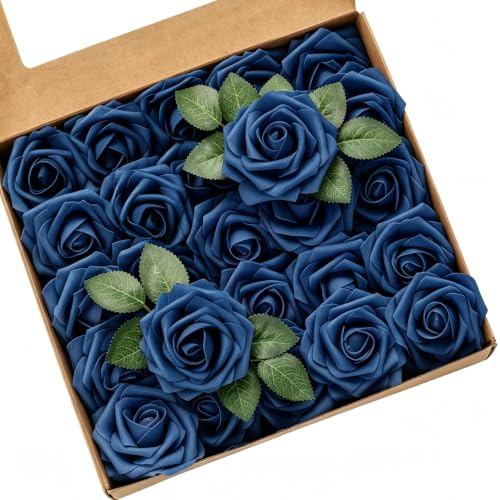 Artificial Flowers, Artificial Rose 25pcs for DIY Wedding Bouquets Centerpieces Arrangements, Navy Blue Foam Roses with Stems for Bridal Shower Party Home Decorations - color: Navy Blue, size: 25pcs