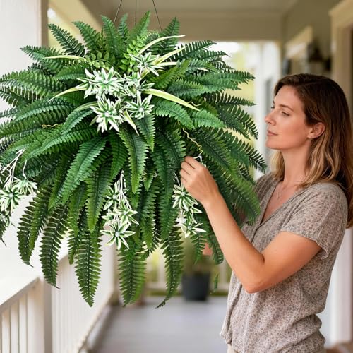 Livole 2 Pcs 60" 2-in-1 Fake Ferns with Spider Plant, Artificial Ferns for Outdoors Large Faux Boston Fern with 118 Branches Realistic UV Resistant for Planter Indoor Home Garden Porch Hanging Decor - size: 60"-118 Branches-2 Pcs