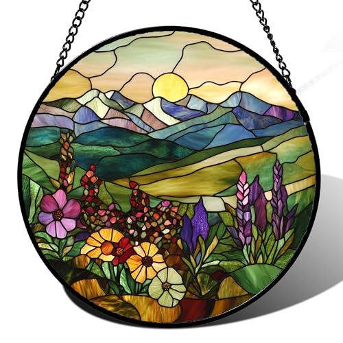 Stained Glass Window Hanging Purple Wildflowers Pastoral Scenery 9.8" - Suncatcher Door Garden Sun Catcher Home Decor Birthday Christmas for Mom Men Woman Friend - color: Yellow Purple, size: 9.8x9.8 IN