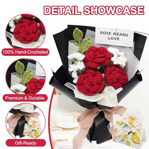 Crochet Flower Bouquet Handmade Red Roses Artificial Flowers with Card Unique Mothers Day Graduation Birthday Gifts for Women Mom Girlfriend Wife Eternal Flores Knitting Decorations Home Decor - color: Red Rose