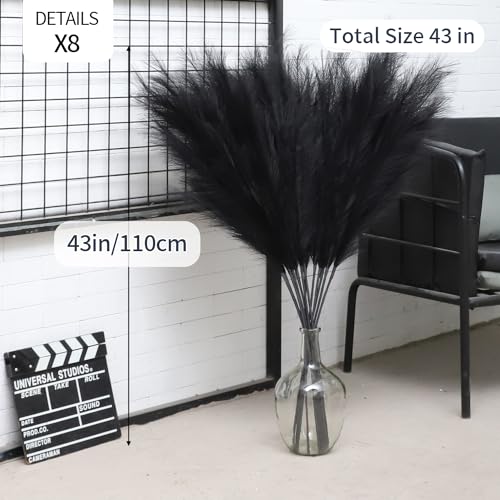 43" Black Pampas Grass Tall - 8 PCS Faux Pampas Grass Decor Artificial Pampas Grass Bouquet Flower Arrangement and Vase Filler for Wedding Boho Home Baby Shower Mothers Day Decoration - color: Black