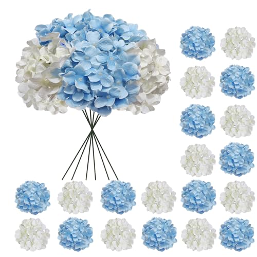 20 Pcs Blue and White Hydrangea Artificial Flowers Bulk, Faux Hydrangea Flowers Heads, Artificial Fake Silk Hydrangea Flowers with Stems, White Flowers Artificial for Decoration Wedding Décor - color: White Blue, size: 20 Pcs