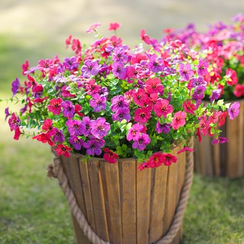 Artificial Flowers for Outdoors, Fake Faux Plants Outside Realistic Spring Summer Decor, UV Resistant Silk Flowers for Home Porch Garden (12, Purple Hot Pink) - color: Purple Hot Pink