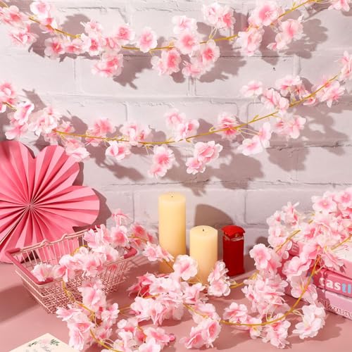 Augshy Cherry Blossom Garland, 6 Pack Artificial Cherry Flower Vines Pink Silk Sakura Vine Hanging for Wedding Party Arch Office Table Spring Summer Valentine Floral Home Decor
