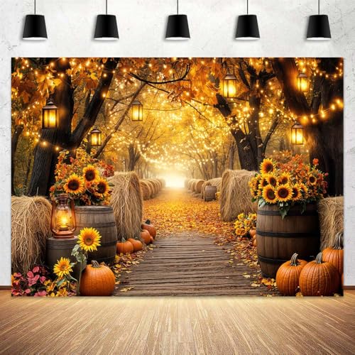 Fall Photo Backdrop, Autumn Forest Scenery Maple Leaves Pumpkins Sunflowers Photography Background, Fall Farm Harvest Thanksgiving Day Friendsgiving Party Decorations Photo Booth 5X3FT - color: Orange, size: 5X3FT