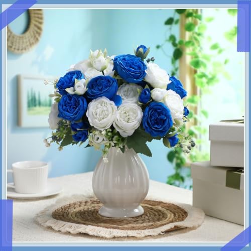 Geosar 8 Bundles Artificial Peonies Flowers Fake Silk Peony Bouquet Faux Peonies Flowers Bulk for Decoration Vase Floral Arrangements Wedding Party Table (Royal Blue,White) - color: Royal Blue, White