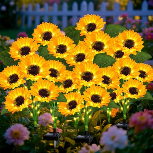 Solar Sunflower Lights Outdoor Garden Decor, 6 Pack Solar Flowers Lights with 36 Sunflowers, Waterproof Decorative Stake Lights Auto ON/Off for Garden Yard Patio Backyard - color: Warm White, size: 6 in 1 Sunflower-6 Pack