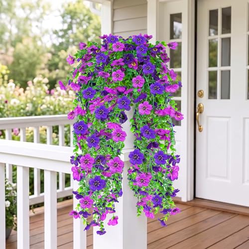 IDEVER Artificial Hanging Flowers for Outdoors Decor Silk Fake Hanging Plants No Fade Realistic Artificial Flowers for Garden Porch Balcony Patio Home Decor(4PCS Light Purple) - color: 4pcs Light Purple