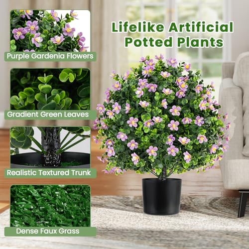 Goplus 21.5'' Artificial Boxwood Topiary Ball Tree, Set of 2 Faux Potted Plants Artificial Shrubs Bushes with Flowers, Fake Evergreen Artificial Topiary for Indoor Outdoor Home Front Porch Decor - color: Purple
