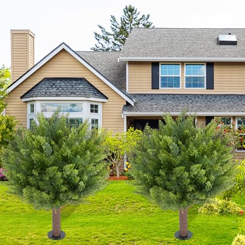 24" Artificial Cedar Topiary Ball Tree Set of 2, UV & Fade Resistant Fake Evergreen Shrubs, Faux Cypress Plants for Indoor Outdoor Front Porch Garden Decor - color: Cedar Tree